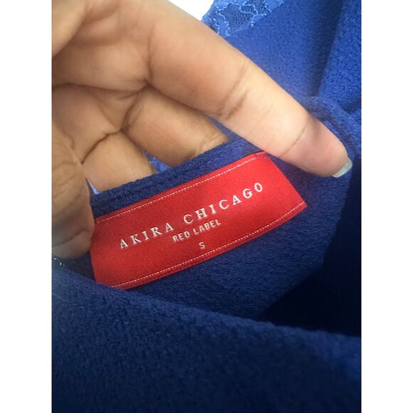 AKIRA Chicago Women's Lace Sleeve Bodycon Mini Dress S Open Back Royal Blue - Picture 11 of 14